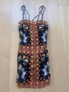 Women’s Boho Sundress Size Small S Black Multicolor Safari Animal Print Zebra